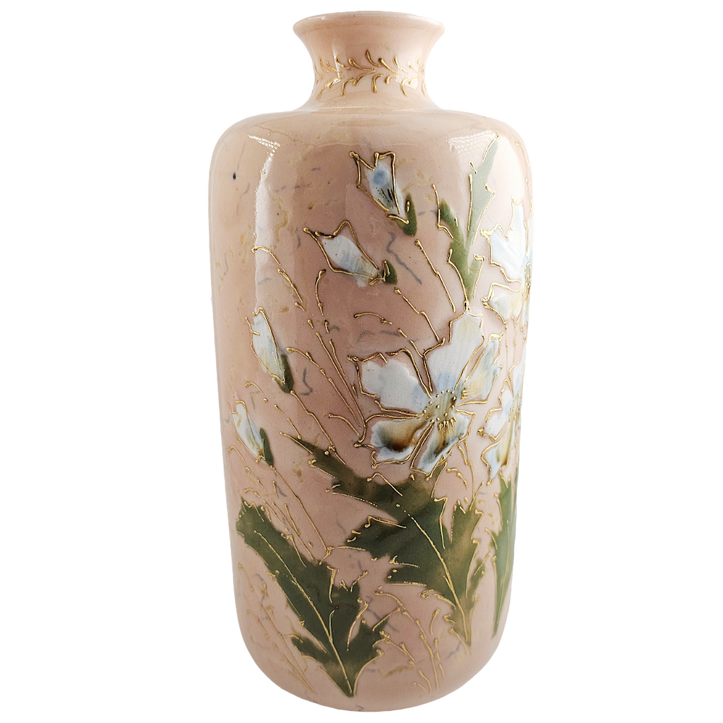 RS Prussia Porcelain Vase, Enamel White Flowers, Mold 909, 9 Inch