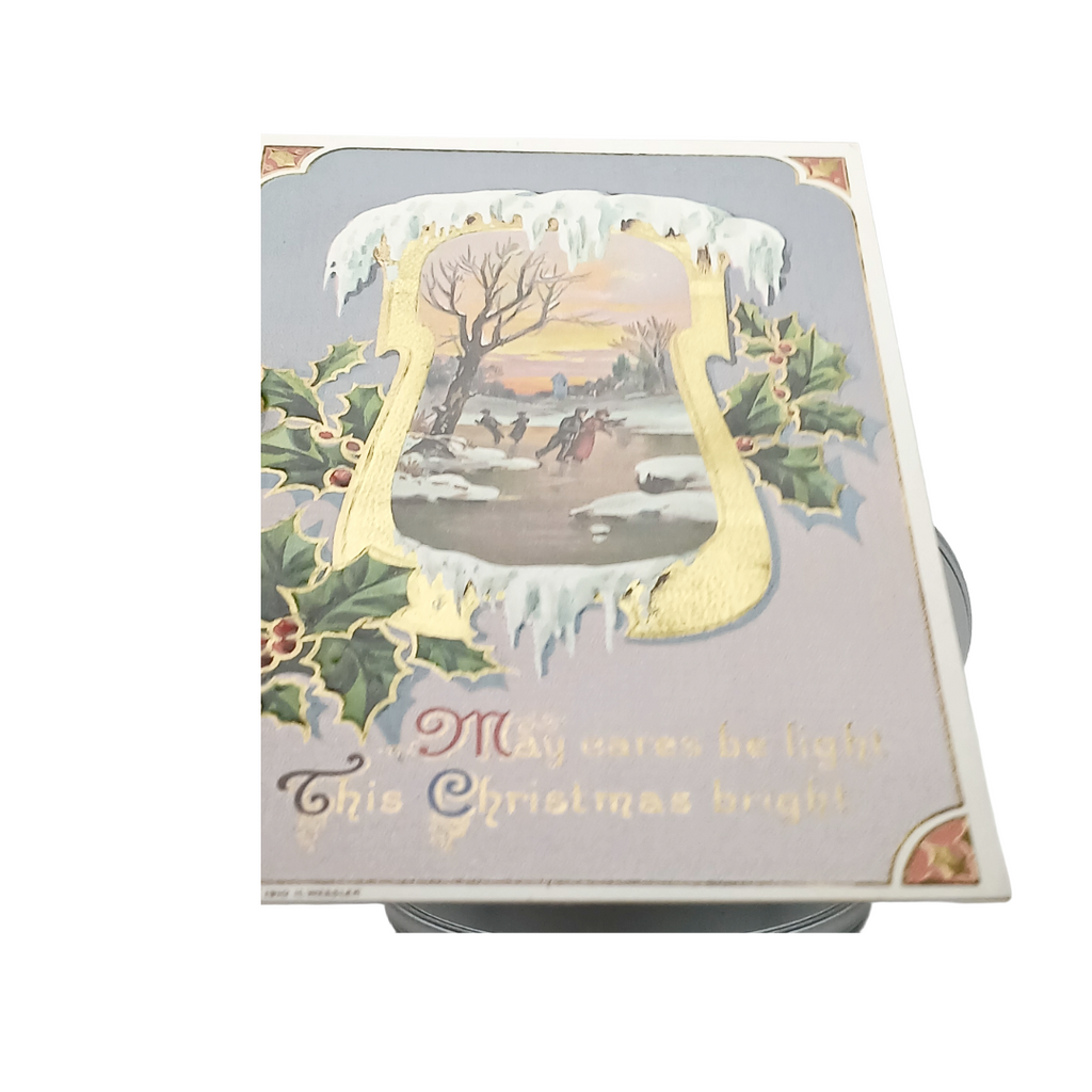 Christmas Postcard  Gold Embossed Landscape Skaters in Winter Snow