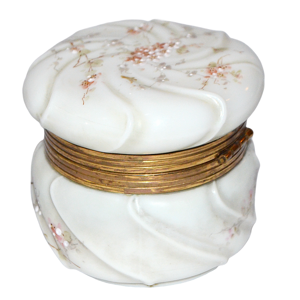 CF Monroe Helmschmeid Swirl Opal Ware Dresser Box with Orange Enamel Painted Flowers