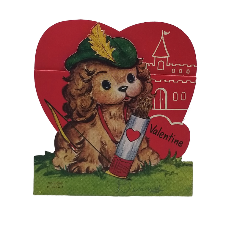 Die Cut Valentine Card Puppy Dog Cocker Spaniel Robin Hood Hat Arrow Castle