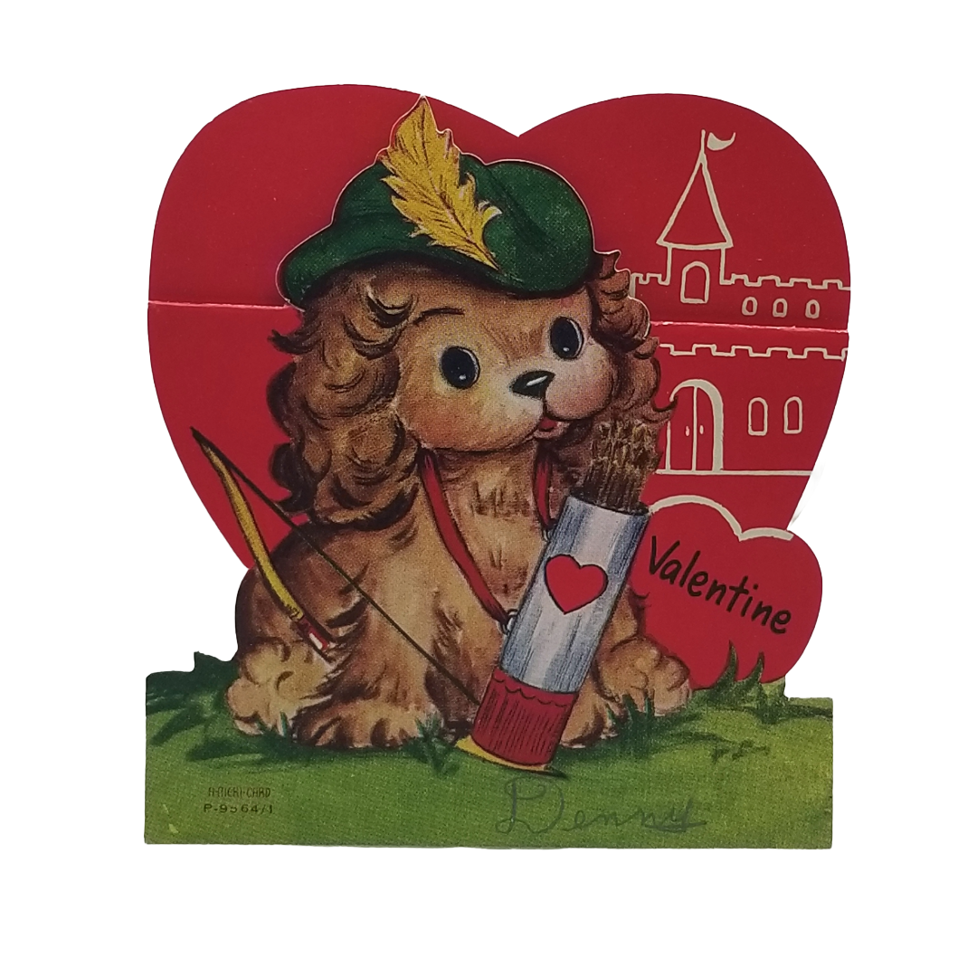 Die Cut Valentine Card Puppy Dog Cocker Spaniel Robin Hood Hat Arrow Castle