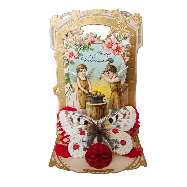 Vintage German Die Cut 3D Valentine's Card Cupids Building Hearts Butterfly Front