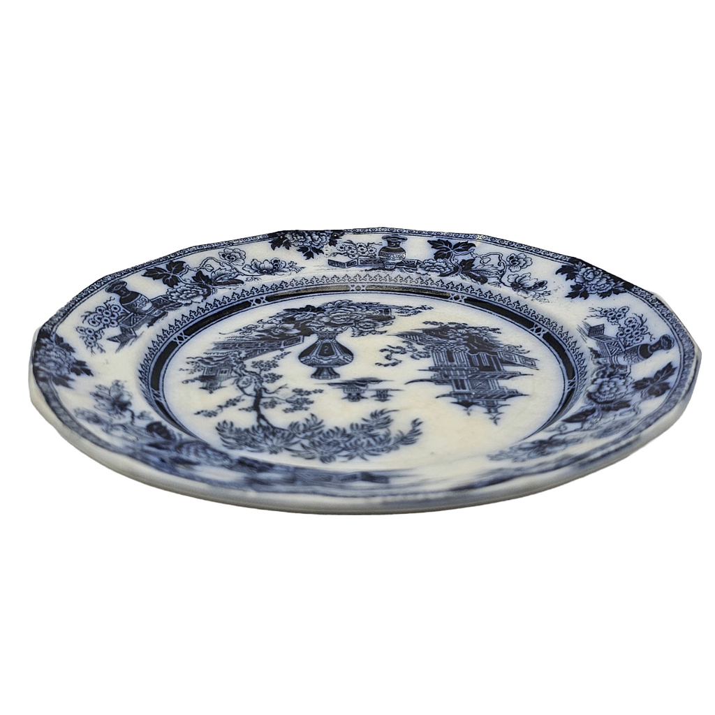 Antique English Flow Blue Ironstone Plate: W Adams & Sons Transferware, Oriental Chinoiserie Jeddo