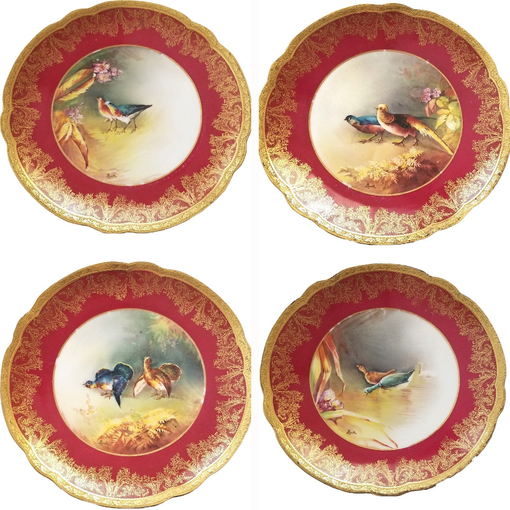 Antique Limoges 9 Piece Game Bird Service, Oval Platter with 8 Plates, Signed