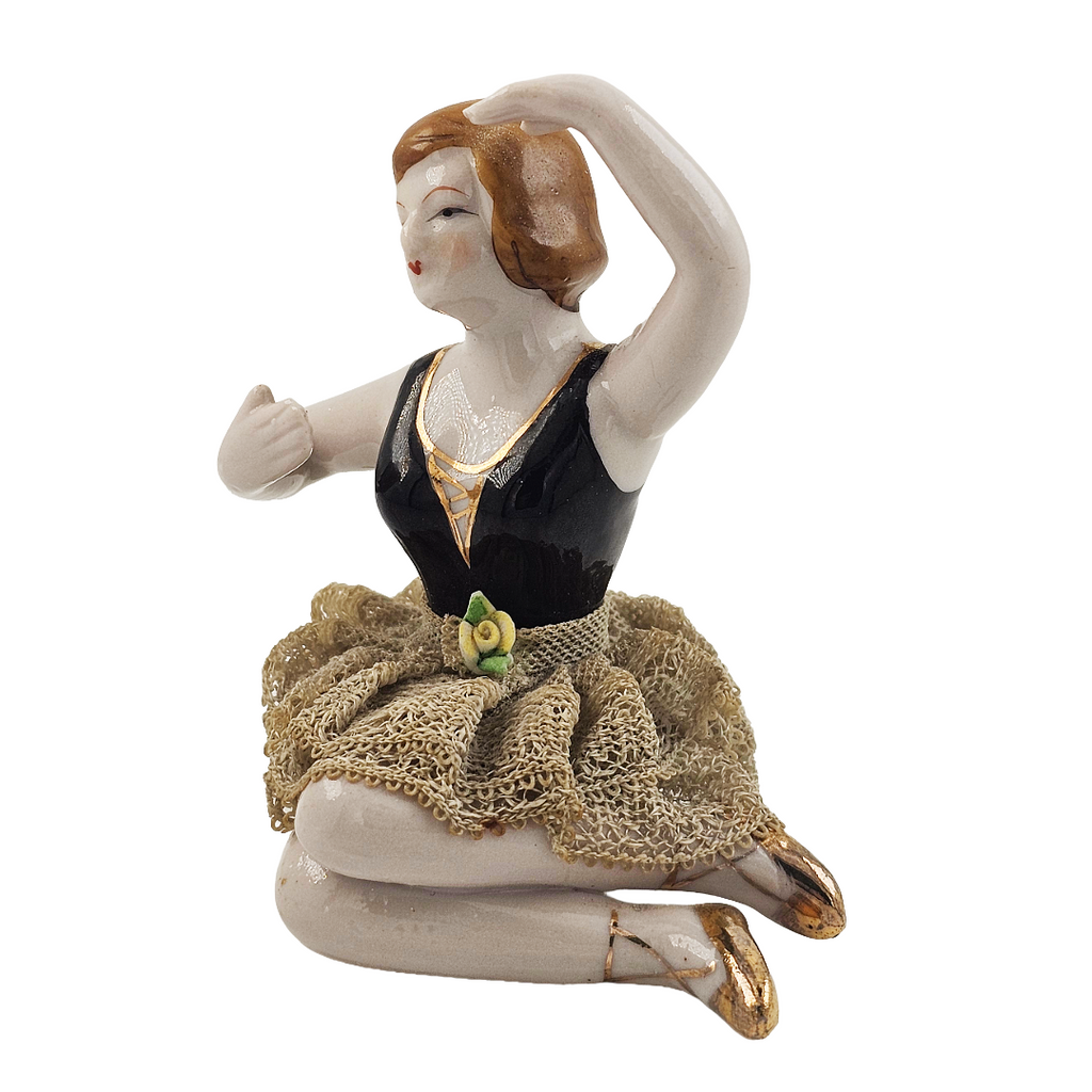 Porcelain Bisque Bathing Beauty Seated Ballerina Dresden Lace Skirt