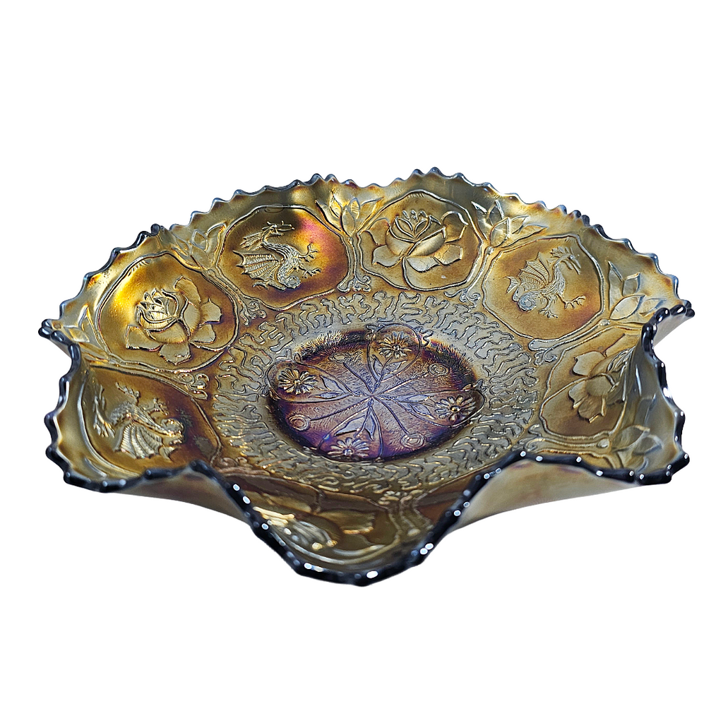 Fenton Dragon & Lotus Pattern Ruffled Cobalt Carnival Glass Bowl