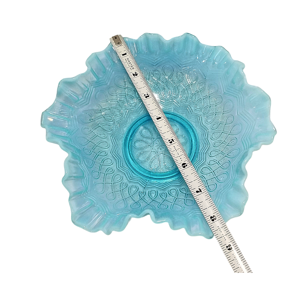 Jefferson Glass  Aqua Blue Opalescent Fluted Ruffle Bowl "Many Loops" Pattern
