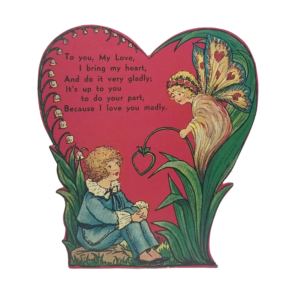 Art Nouveau Heart Shaped Valentine Card Fairy Girl Butterfly Wings Small Boy