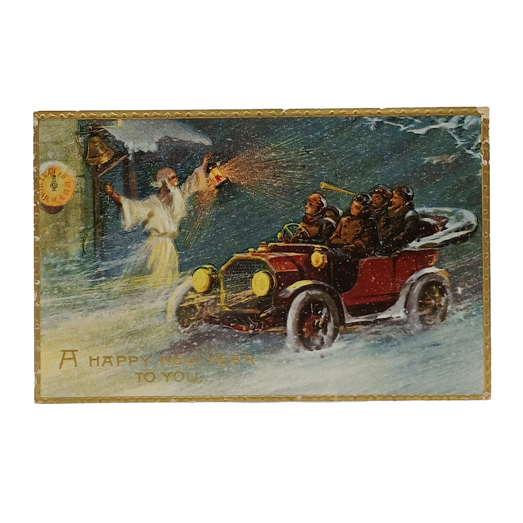 New Year's Postcard Gold Embossed Father Time in Night Greeting People in Old Timey Car