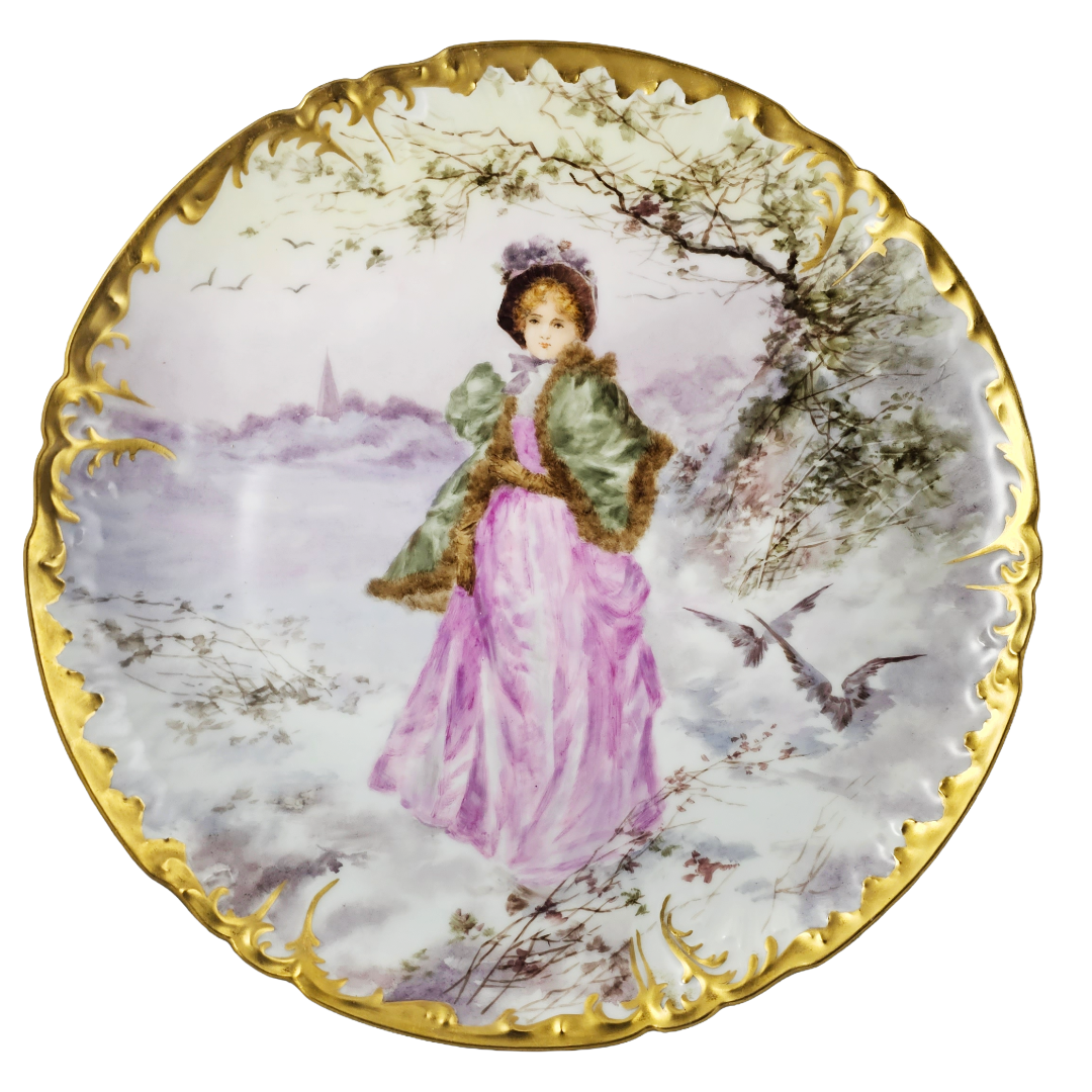 JPl Limoges portrait charger plaque of woman in pink