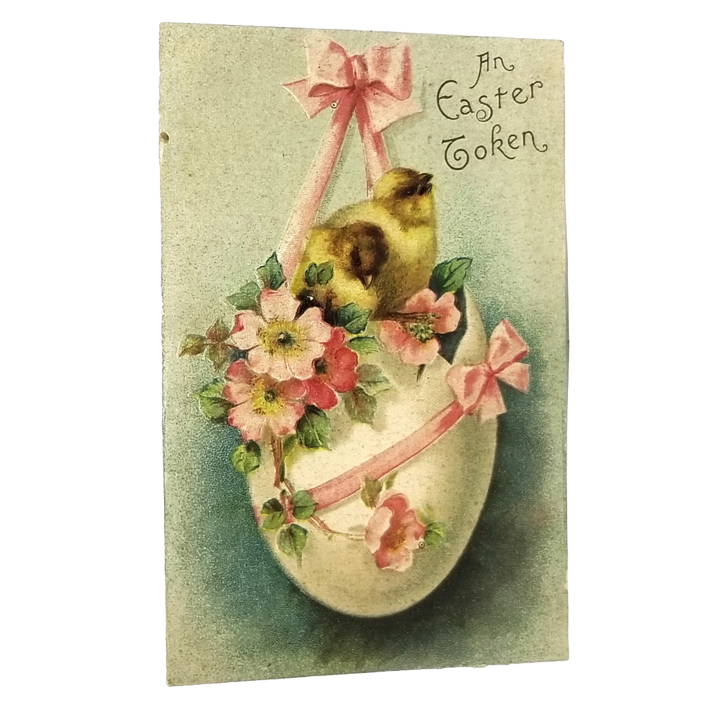 Easter Postcard Baby Chicks Hanging Egg with Flowers & Ribbons IAP Card