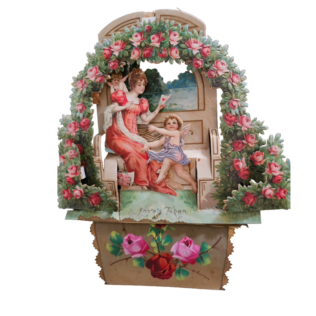 Large Antique 3D Die Cut Valentine Card Brundage Woman with Cupids on Garden Bench