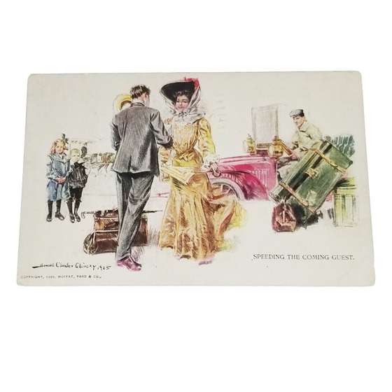 Romantic Postcard Edwardian Couple "Speeding the Coming Guest" Artist Christy