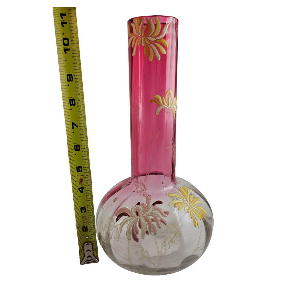 French Art Glass Chrysanthemums Vase, Legras St Denis Mont Joye Bottle Neck