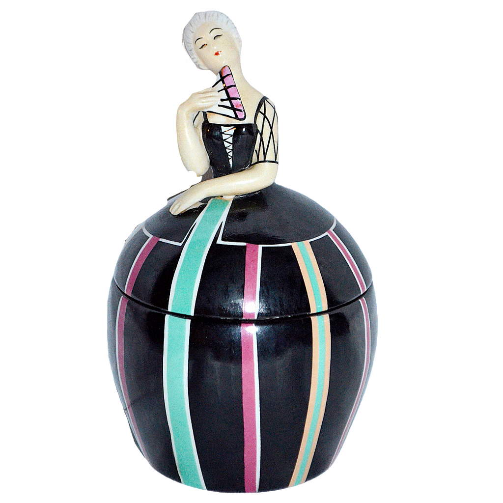 Robj French Art Deco Covered Jar Tobacco or Vanity Box Asian Lady w/ Fan