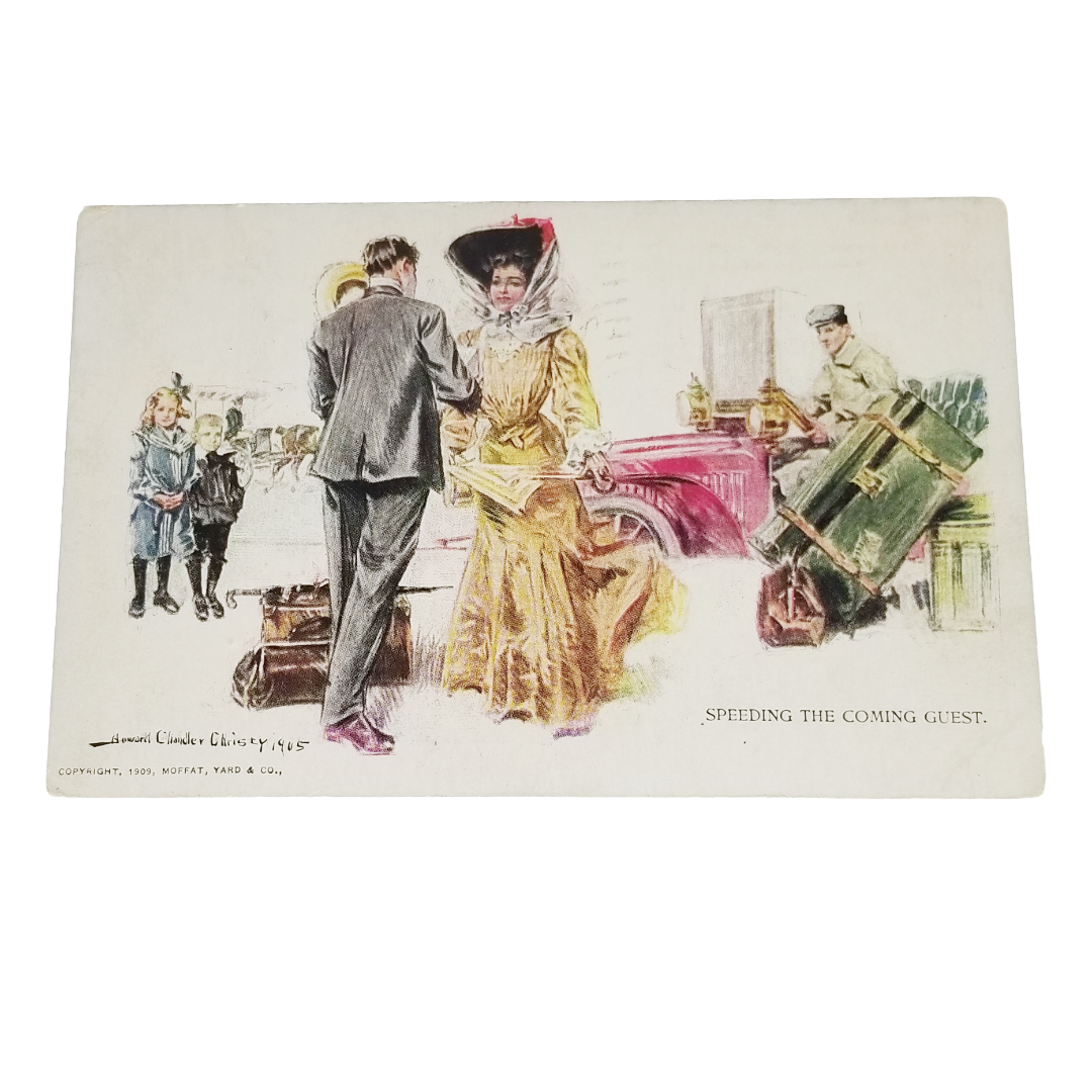 Romantic Postcard Edwardian Couple "Speeding the Coming Guest" Artist Christy