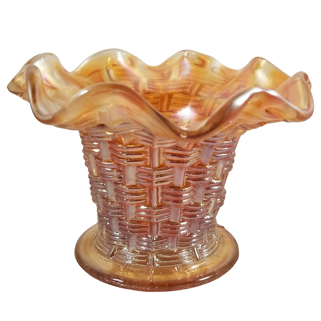 Antique Dugan Persian Garden Big Basketweave Marigold Carnival Glass Squat Vase Fruit Bowl Base