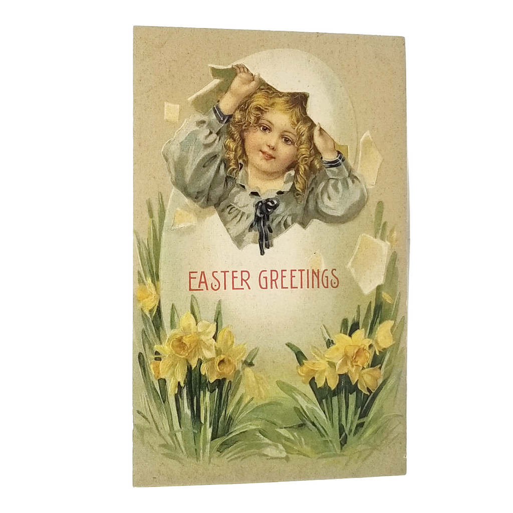 Easter Postcard Victorian Blonde Curly Haired Child in Giant Egg Daffodils