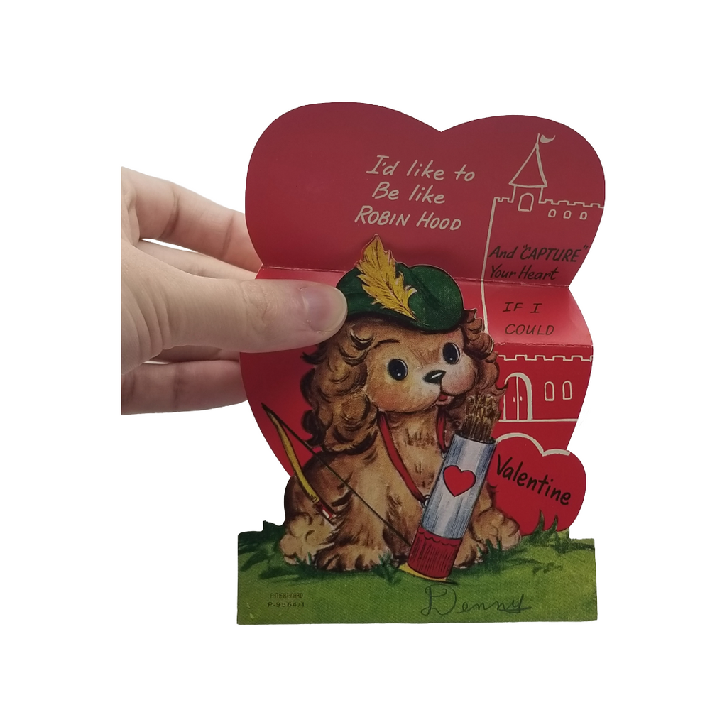 Die Cut Valentine Card Puppy Dog Cocker Spaniel Robin Hood Hat Arrow Castle
