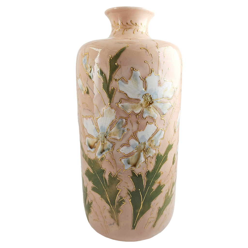 RS Prussia Porcelain Vase, Enamel White Flowers, Mold 909, 9 Inch