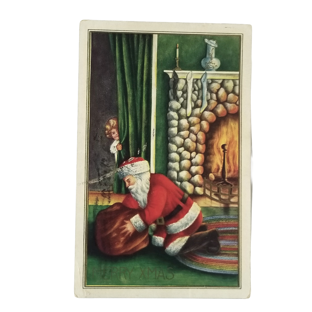 Christmas Postcard Santa Claus w/ Toy Bag Child Watching
