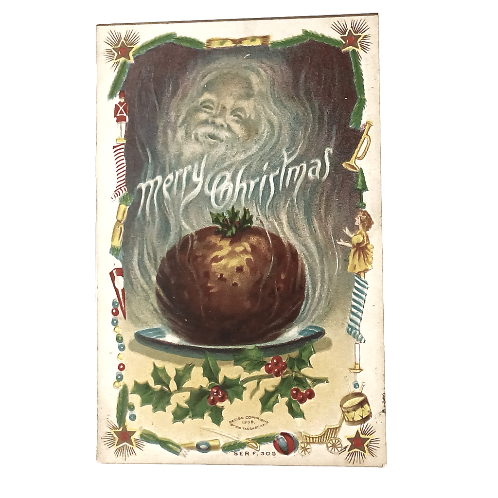 Vintage Christmas Postcard, Ghostly Santa Claus in Fig Pudding Smoke