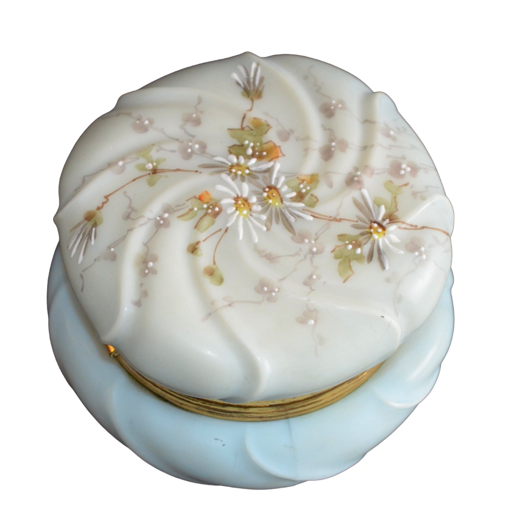 CF Monroe Helmschmeid Swirl Blue Opal Ware Dresser Box with Painted Daisies
