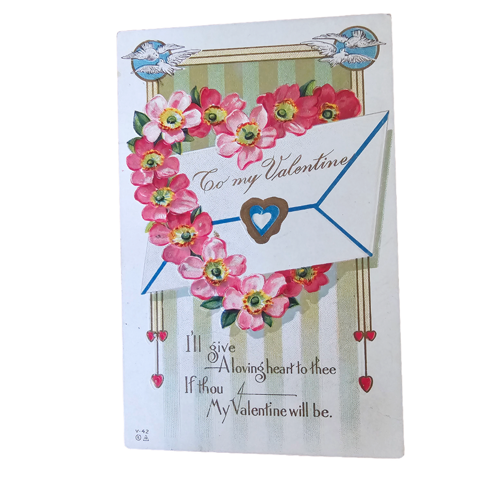 Valentine Postcard Silver Embossed Heart w/ Flowers & Envelope