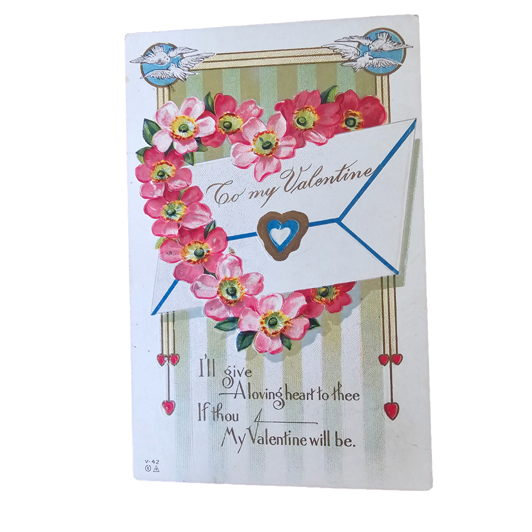 Valentine Postcard Silver Embossed Heart w/ Flowers & Envelope