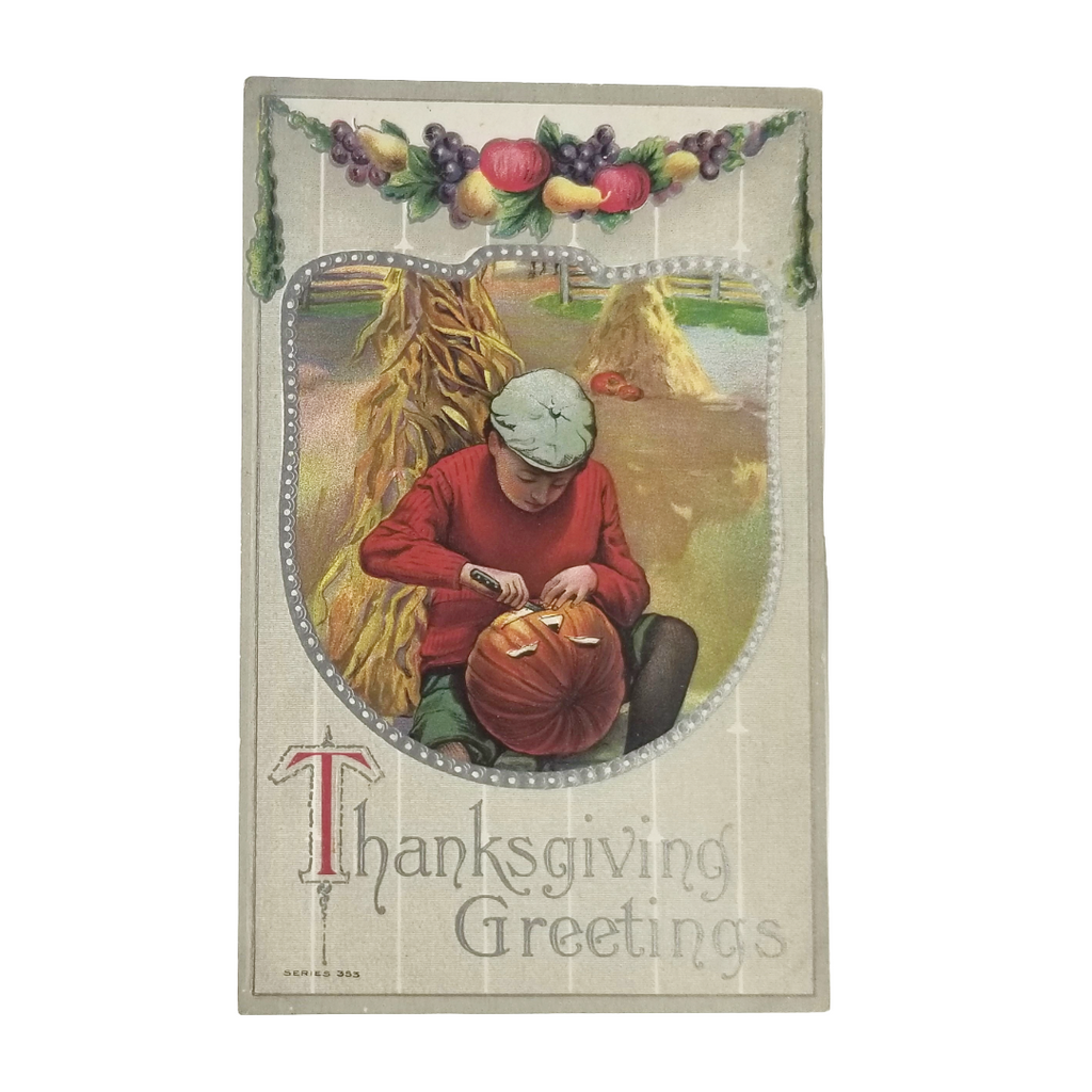Thanksgiving Halloween Crossover Postcard Boy Carving JOL Series 355