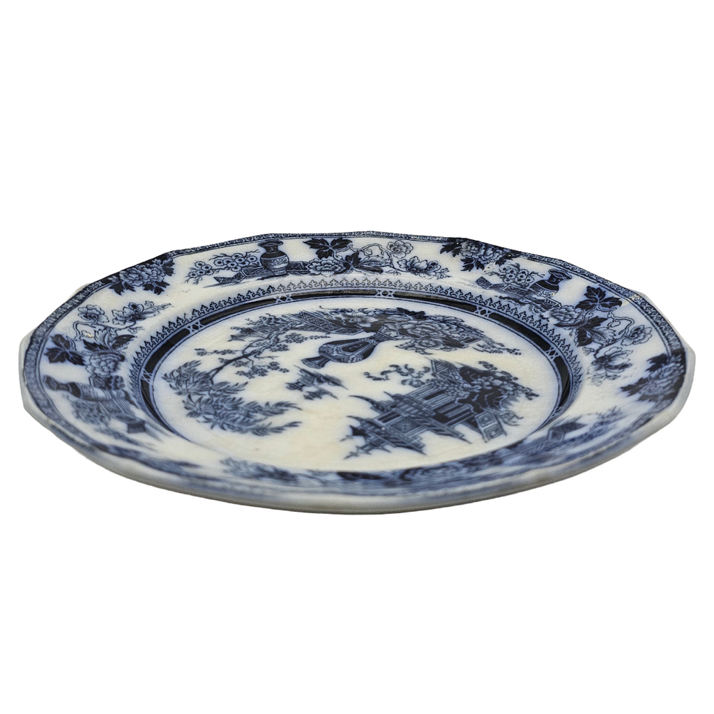 Antique English Flow Blue Ironstone Plate: W Adams & Sons Transferware, Oriental Chinoiserie Jeddo