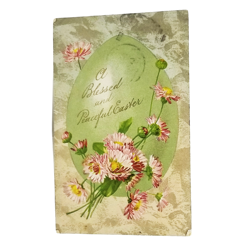 Easter Postcard Giant Green Egg with Pink Flowers Embossed Winsch Card