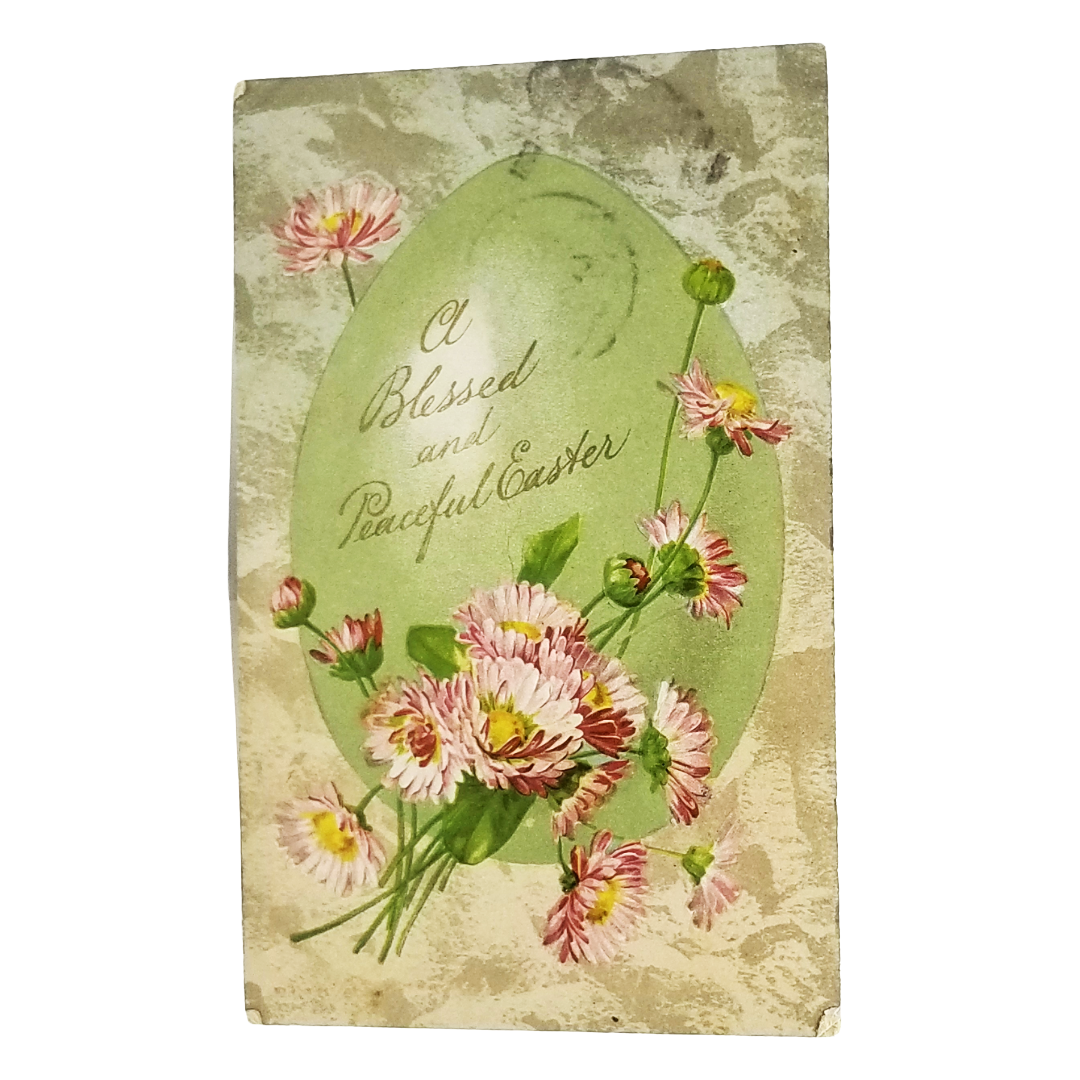 Easter Postcard Giant Green Egg with Pink Flowers Embossed Winsch Card