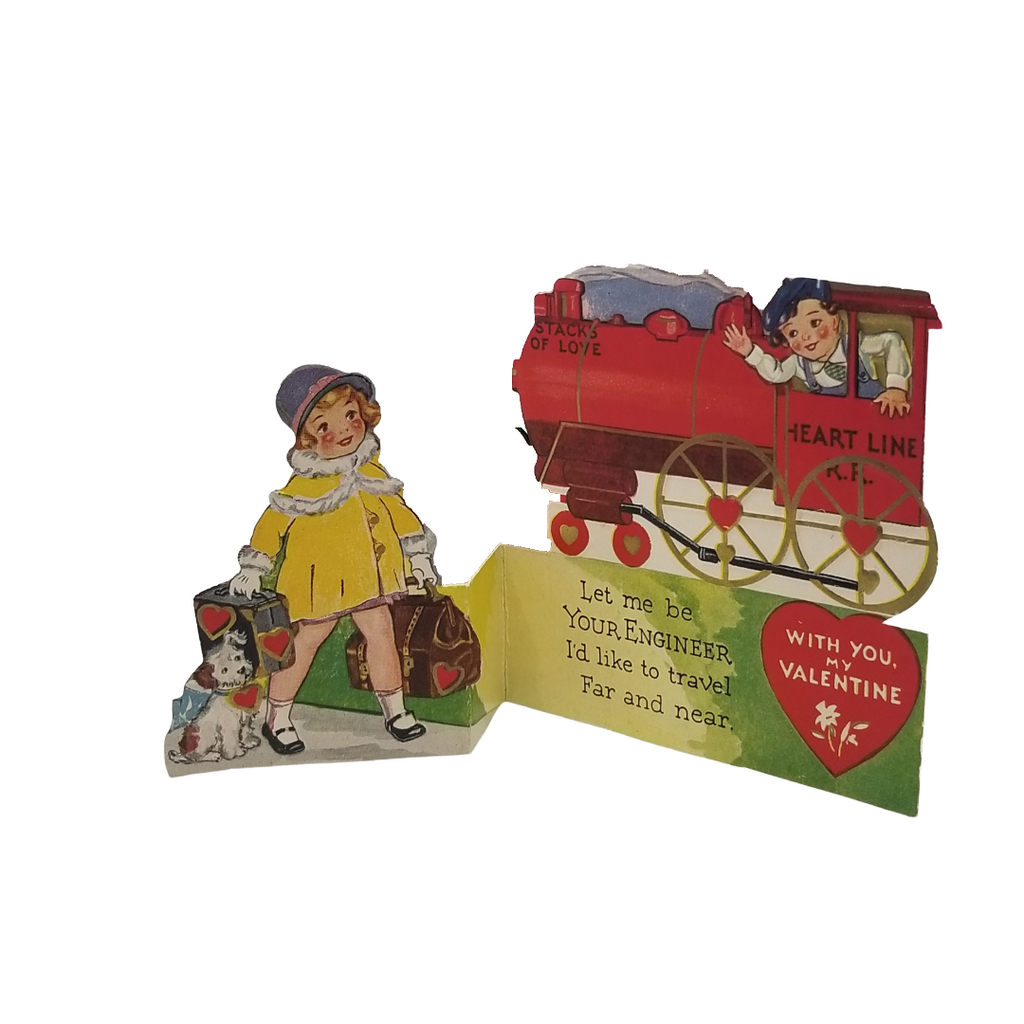 Vintage Valentine Die Cut Card Girl & Puppy Catching Train