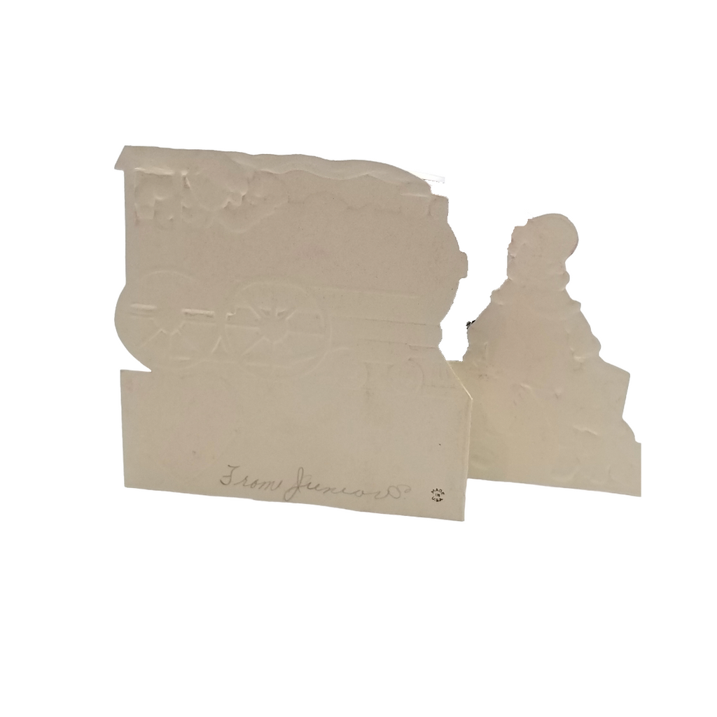 Vintage Valentine Die Cut Card Girl & Puppy Catching Train