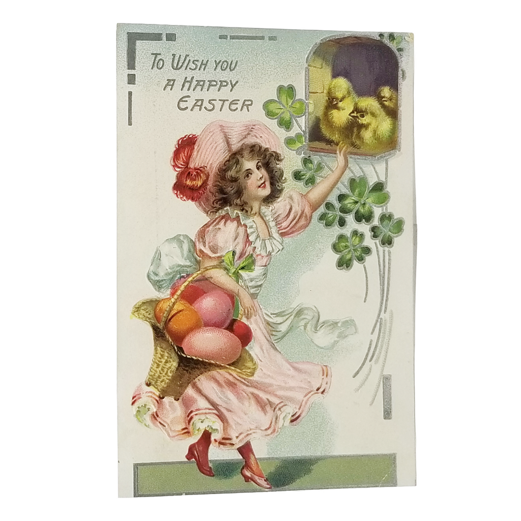 Easter Postcard Tuck Series 704 Girl Egg Basket Baby Chicks Clover Silver Embossed