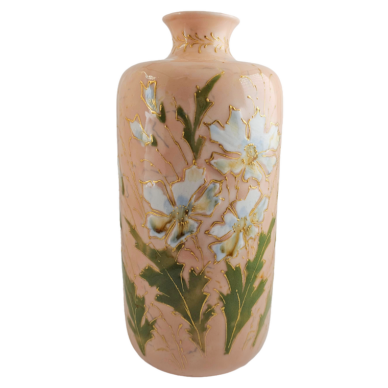 RS Prussia Porcelain Vase, Enamel White Flowers, Mold 909, 9 Inch