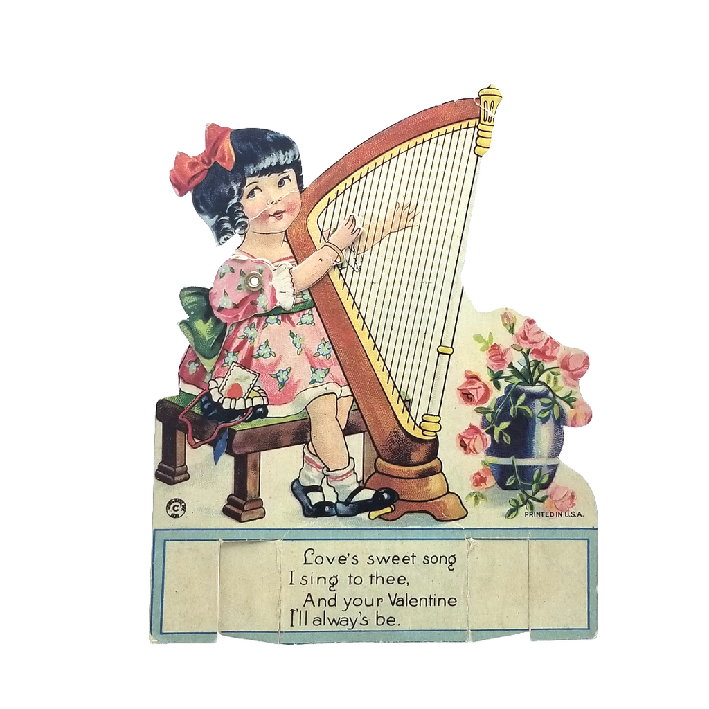 Die Cut Mechanical Valentine Card Girl Playing Harp