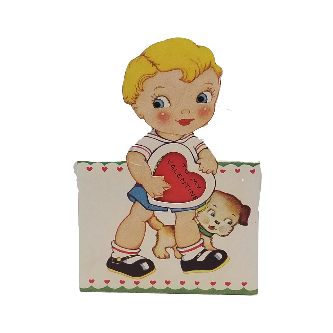 Vintage Valentine Die Cut Card Little Boy & Girl w/ Puppy Dog
