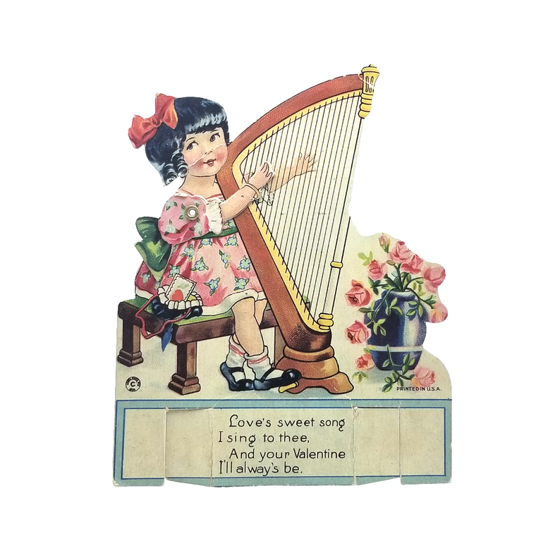 Die Cut Mechanical Valentine Card Girl Playing Harp
