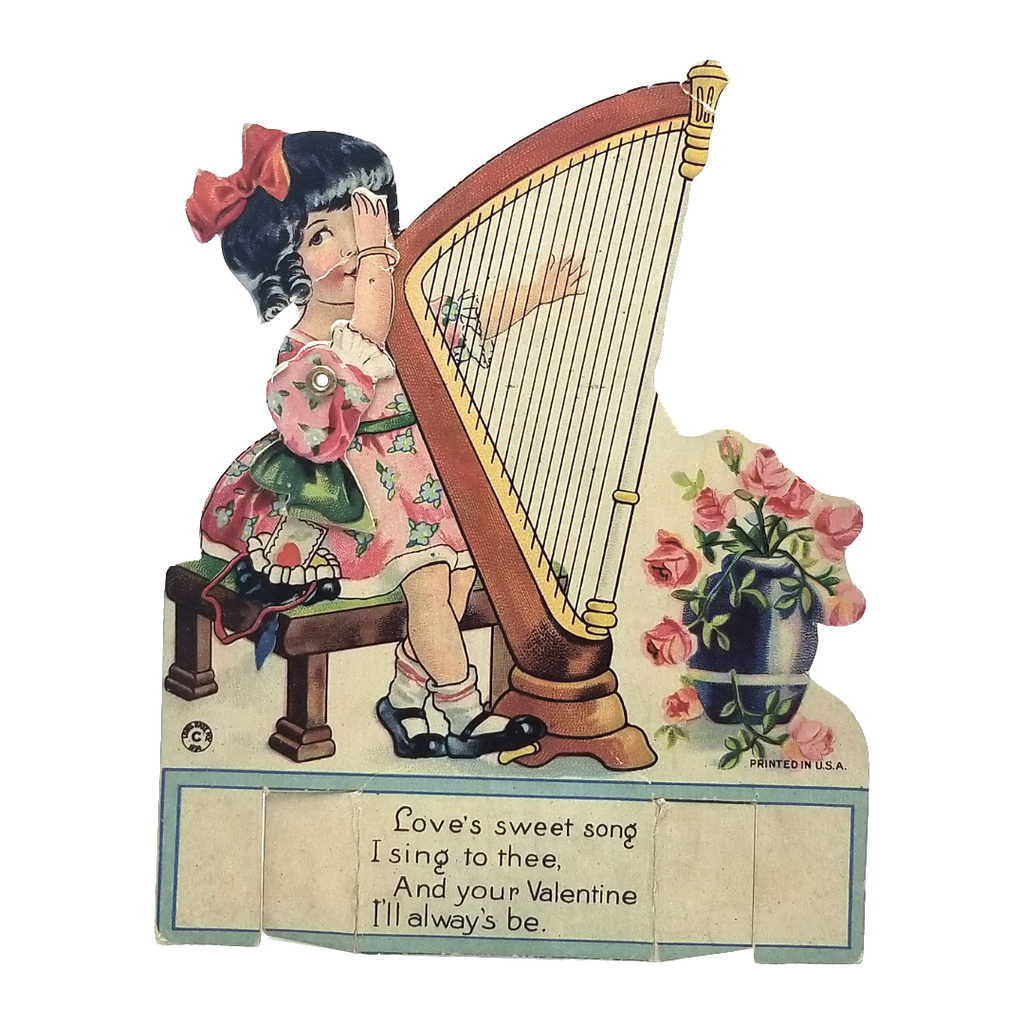 Die Cut Mechanical Valentine Card Girl Playing Harp