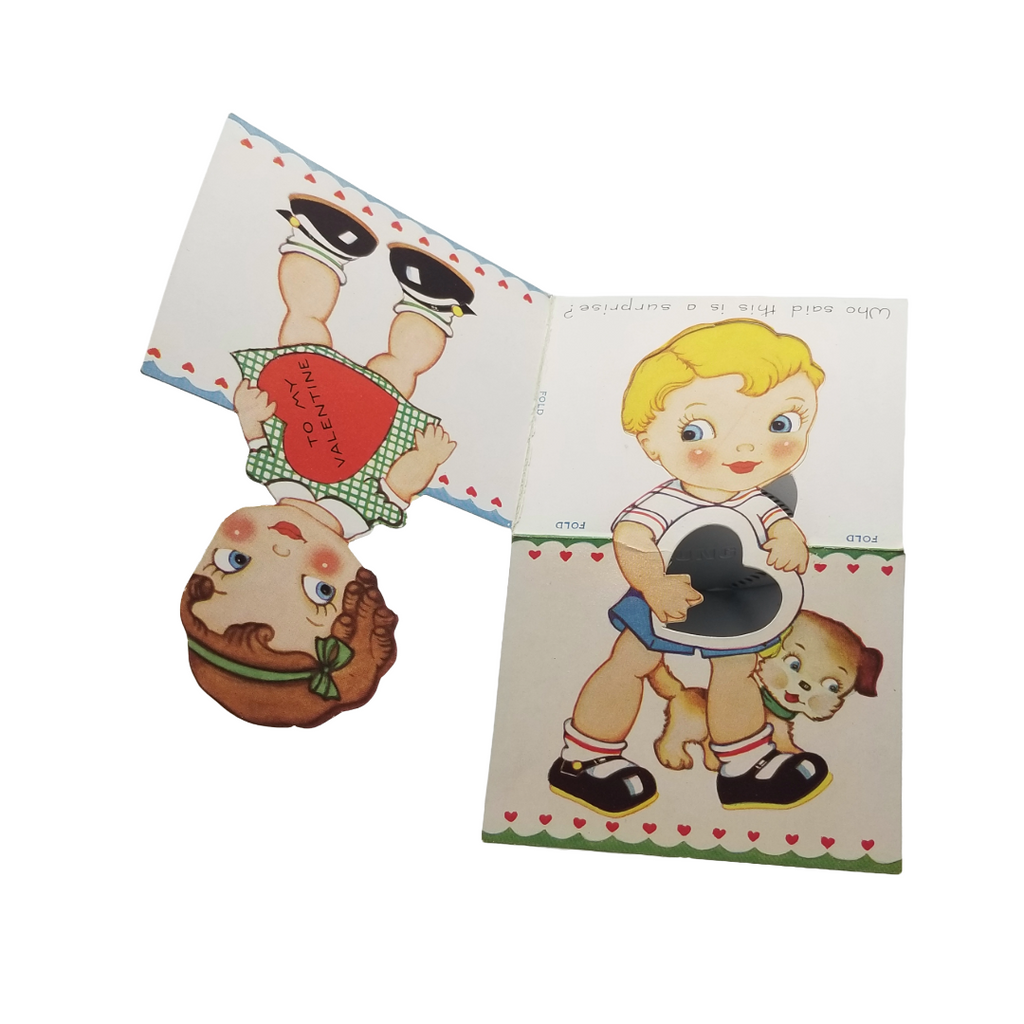 Vintage Valentine Die Cut Card Little Boy & Girl w/ Puppy Dog