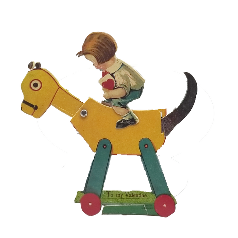 Die Cut Valentine Card Mechanical Child Playing on Rocking Horse Germany