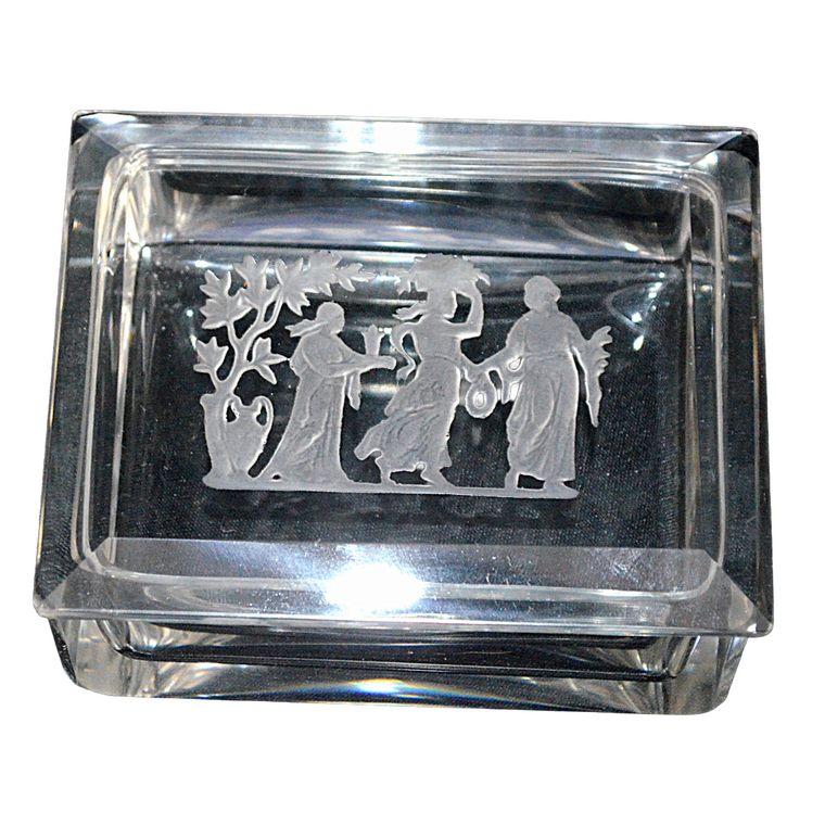 Antique Bohemian Glass Smoker's Box Three Graces Intaglio Cut Heinrich Hoffman