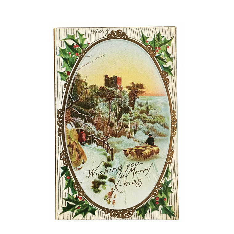 Christmas Postcard Farmer with Sheep In Winter Gold Highlights