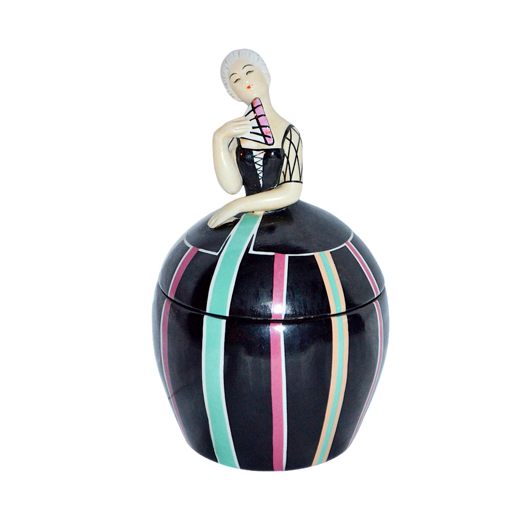 Robj French Art Deco Covered Jar Tobacco or Vanity Box Asian Lady w/ Fan
