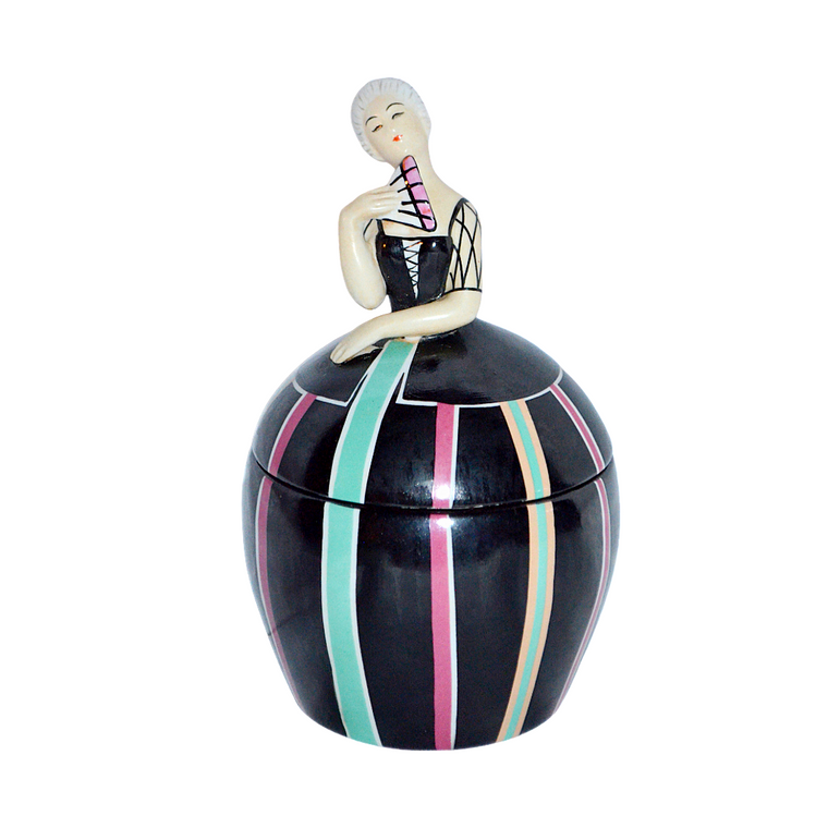 Robj French Art Deco Covered Jar Tobacco or Vanity Box Asian Lady w/ Fan