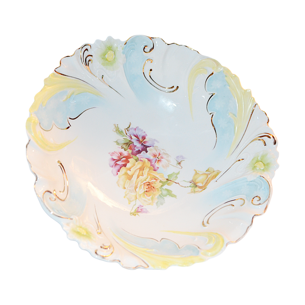 RS PRUSSIA BOWL Stylized Daisy Floral Swirl Rim Mold 40 Yellow Roses & Flowers