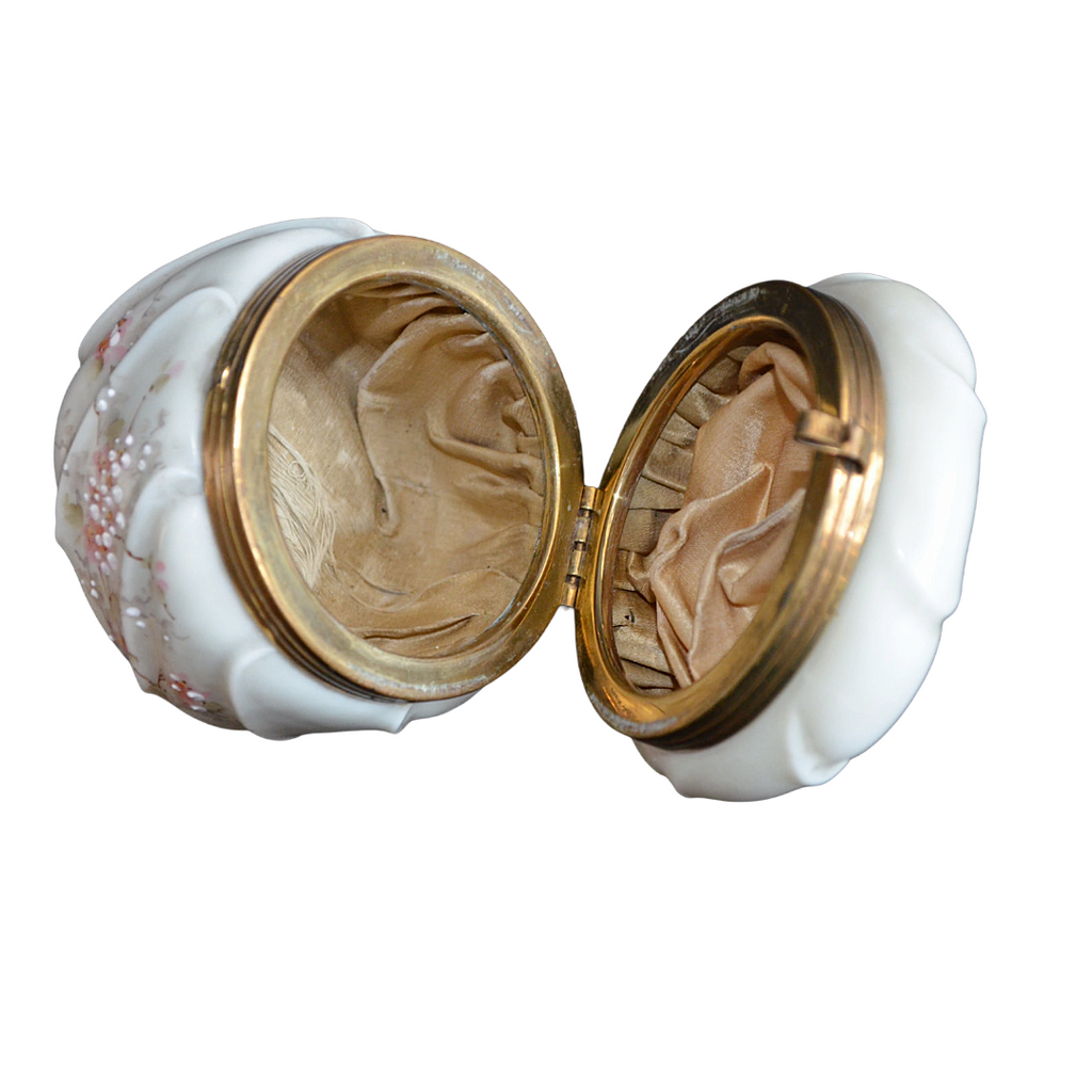 CF Monroe Helmschmeid Swirl Opal Ware Dresser Box with Orange Enamel Painted Flowers