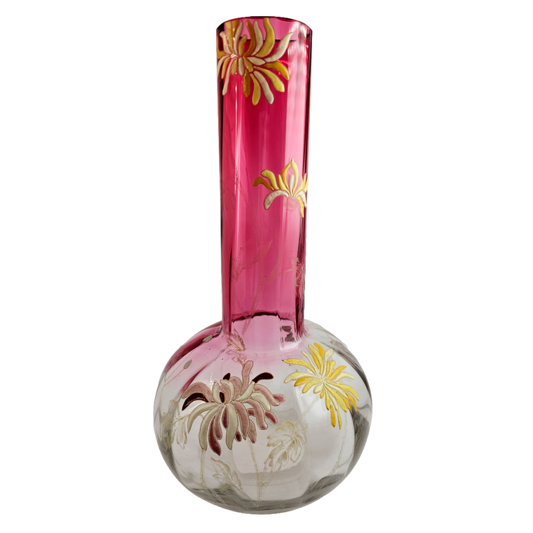 French Art Glass Chrysanthemums Vase, Legras St Denis Mont Joye Bottle Neck